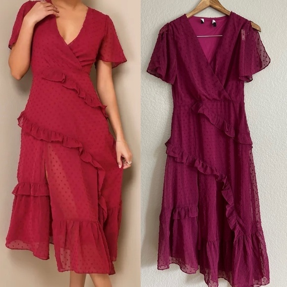 Lulus Dresses & Skirts - Next to You Plum Swiss Dot Ruffled Midi Dress